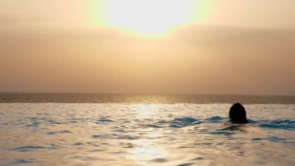 Vista traseira, silhueta de mulher nada em piscina infinita ao ar livre com vista panorâmica do mar, ao nascer do sol. conceito de viagem e férias — Vídeo de Stock