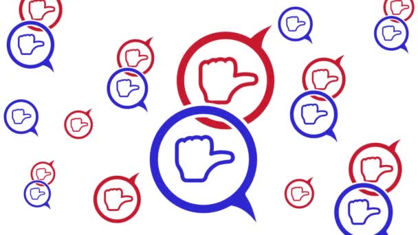 Vertical video. animation. blue and red speech bubbles with thumbs down, which means dislike, appear on a white background. — Stock Video