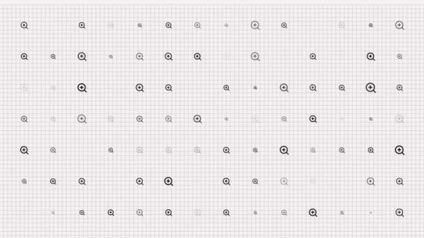 Loop de animação zoom. Fundo padrão sem costura. pequenos ícones zoom-in, lupas, lupas piscar lentamente na grade. fundo branco. — Vídeo de Stock