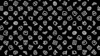 Cadılar Bayramı ikonları, animasyon döngüsü. Kusursuz bir arka plan. Küçük Cadılar Bayramı simgeleri siyah arkaplanda yavaşça döner