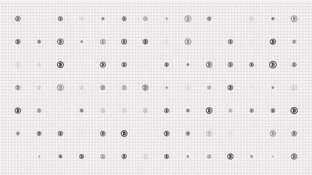 Bitcoin-Icon-Animationsschleife. Nahtloser Musterhintergrund. Kleine Bitcoin-Münzen blinken langsam am Gitter. weißer Hintergrund — Stockvideo