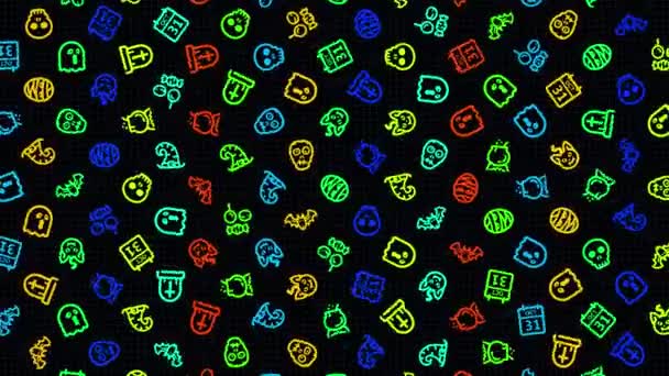 Halloween icons, animation loop. Seamless pattern background. small multicolored Halloween icons rotate slowly on black backdrop — Stock Video