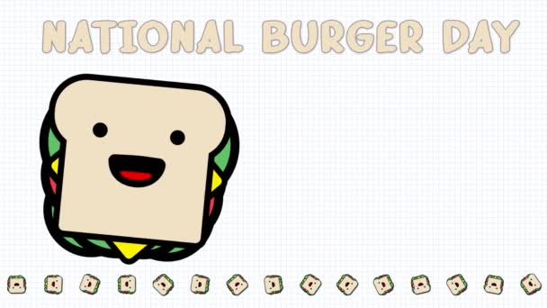 Lindo, bocadillo dibujado, con ojos y una boca, dice algo. icono de sándwich, animación, sobre fondo blanco. Día Nacional de las Hamburguesas. concepto de comida rápida. — Vídeos de Stock