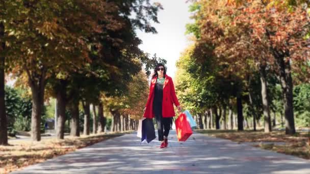 Женщина с цветными сумками в руках, гуляющая по городской аллее. покупки и подарки. Концепция доставки или пожертвования. — стоковое видео