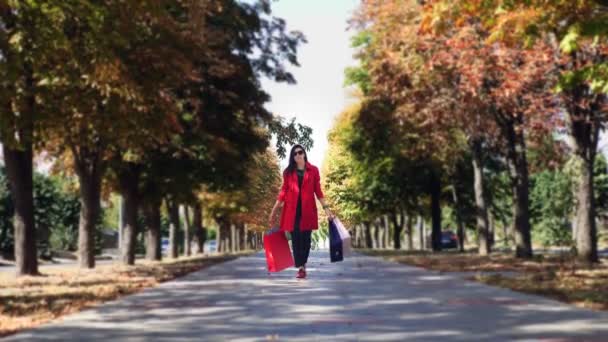 Mujer con bolsas de compras de colores en sus manos, caminando por el callejón de la ciudad. compras y regalos. concepto de entrega o donación. — Vídeos de Stock