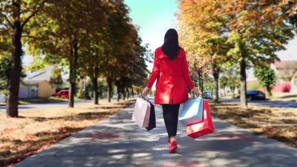 Frau mit Einkaufstaschen. Rückansicht. Frau, in Schutzmaske, mit bunten Einkaufstüten in der Hand, die durch die Gasse der Stadt läuft. Einkaufen und Geschenke. Lieferung oder Spendenkonzept. — Stockvideo