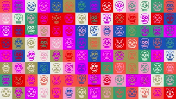 Bucle craneal. animación. Fondo de patrón sin costuras. telón de fondo de pequeños y divertidos cráneos humanos en iconos multicolores. Halloween, el día mexicano de los muertos. — Vídeos de Stock