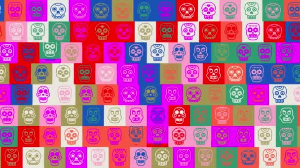 Pętle czaszki. animacja. Płynne tło wzoru. tło małych, zabawnych ludzkich czaszek w kolorowych ikonach. Halloween, Meksykański Dzień Zmarłych. — Wideo stockowe