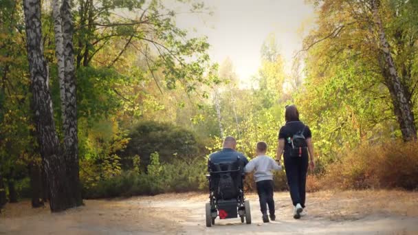 車椅子の男。ハンディキャップの男。自動運転車椅子の若い障害者は、晴れた秋の日に家族、妻、小さな子供と公園を歩いています。バックビュー — ストック動画