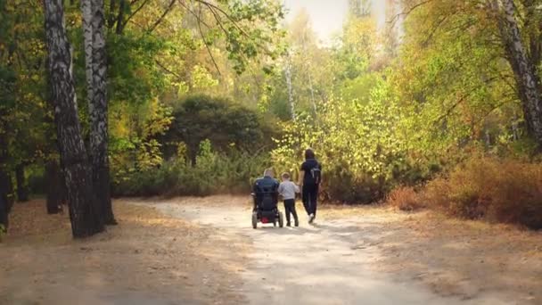 Инвалид-колясочник. Инвалид. Молодой инвалид в автоматизированном инвалидном кресле гуляет с семьей, женой и маленьким ребенком, в парке, в солнечный осенний день. вид сзади — стоковое видео
