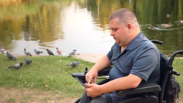 Hombre de silla de ruedas. Hombre discapacitado. joven discapacitado, sentado en una silla de ruedas automatizada y trabajando en la tableta digital, en el parque de la ciudad, junto al lago, en el día soleado de otoño. — Vídeo de stock