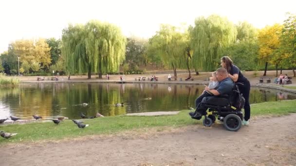 Wheelchair man. Handicapped man. young disabled man sits in wheelchair, surrounded by his family, wife and little son. they feed ducks on the lake, relax, in city park, on an autumn sunny day — Stock Video