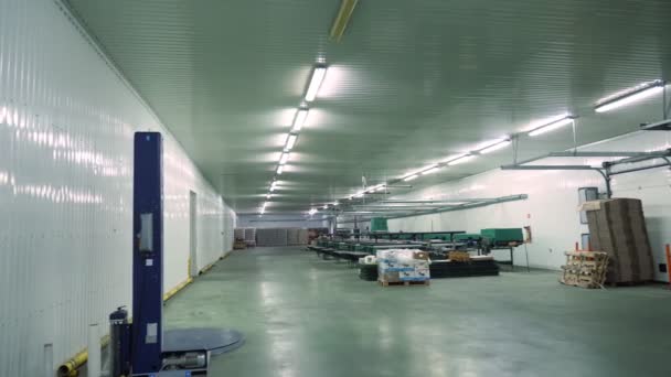 Apple harvest. empty workshop with equipment for sorting apples to sale, processing and storage. warehouse for storage. apple growing. — Stock Video