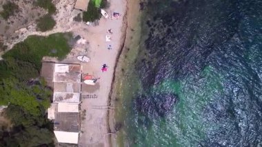 Ibiza 'da tenha bir sahil olan Cala Llentrisca, el değmemiş turkuaz suları ve çevreleyen yeşil manzarayı vurguluyor. dikey kuşların gözü İHA 'nın üzerindeyken üzerlerinde. 