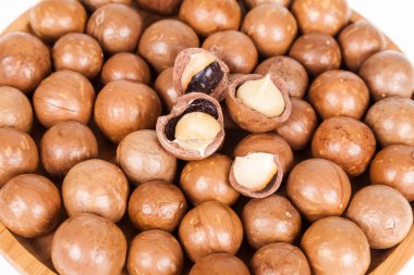 Macadamia fıstığı veya beyaz zemin üzerine Avustralya ceviz