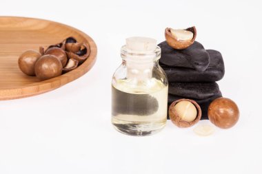 Macadamia fındık yağı veya beyaz zemin üzerine Avustralya ceviz