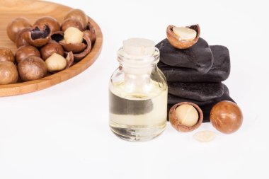 Macadamia fındık yağı veya beyaz zemin üzerine Avustralya ceviz