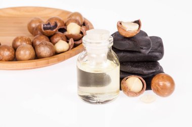 Macadamia fındık yağı veya beyaz zemin üzerine Avustralya ceviz