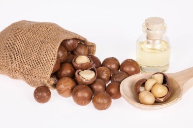 Macadamia fındık yağı veya beyaz zemin üzerine Avustralya ceviz