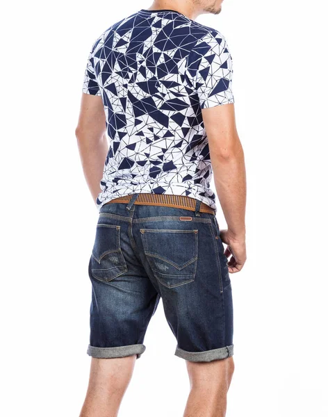 Mode Man Man Dragen Shirt Jeans Shorts Foto Genomen Witte — Stockfoto