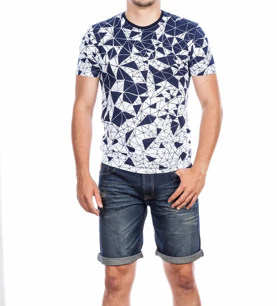 Mode Man Man Dragen Shirt Jeans Shorts Foto Genomen Witte — Stockfoto