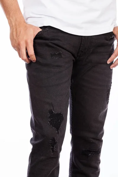 Moda Masculina Detalle Usar Pantalones Negros Foto Sobre Fondo Blanco — Foto de Stock