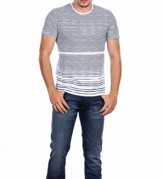 Ropa Moda Camiseta Jeans Para Hombres Fotos Hechas Fondo Blanco — Foto de Stock