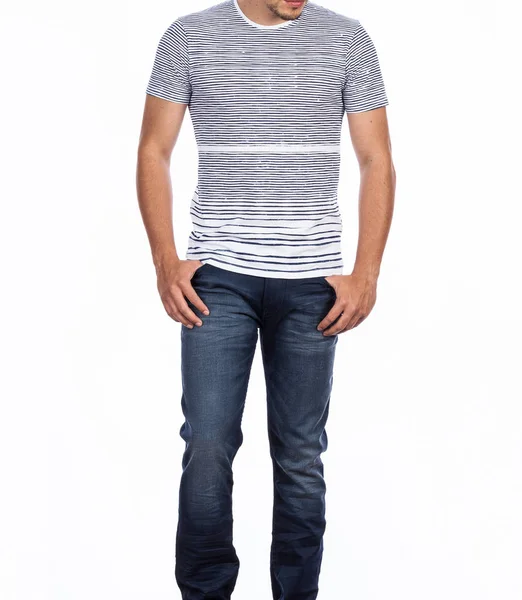 白い背景で作られた男性の写真のためのファッション服 Tシャツ ジーンズ — ストック写真