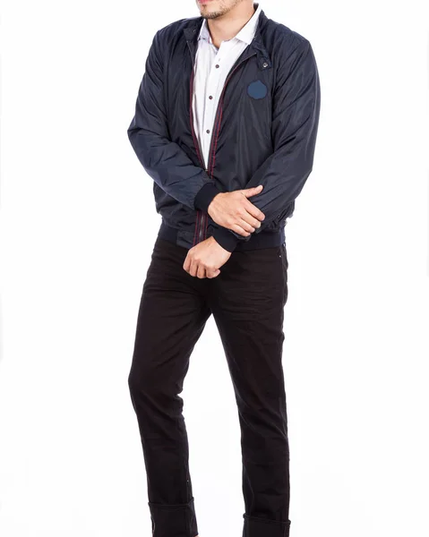 Modekläder Kortärmad Skjorta Jacka Och Jeans Mens Bilder Gjorda Vit — Stockfoto
