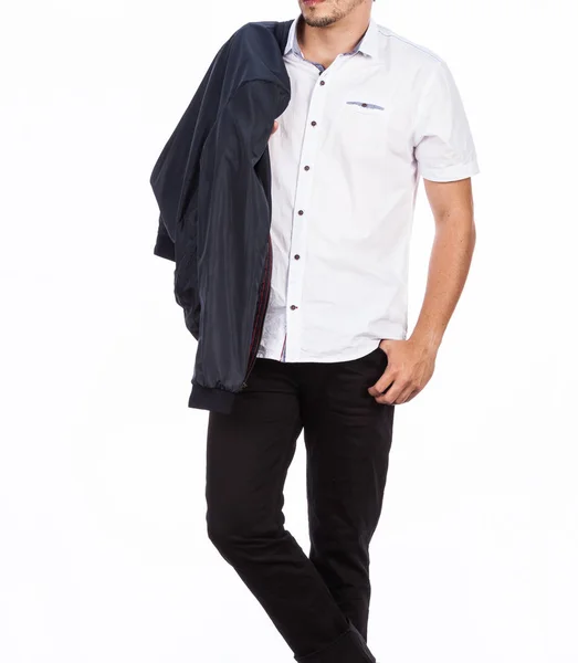 Modekläder Kortärmad Skjorta Jacka Och Jeans Mens Bilder Gjorda Vit — Stockfoto