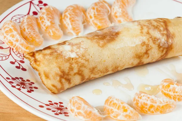 Petit Déjeuner Savoureux Sain Crêpes Roulées Miel Mandarine — Photo