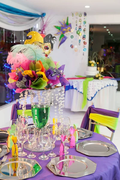 Thematische Decoratie Voor Viering Feesten Receptiekamer Met Kleurrijke Decoraties Maskers — Stockfoto