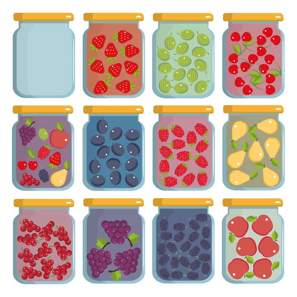 Conservation Des Baies Des Fruits Dans Bocal Verre Sur Fond — Image vectorielle