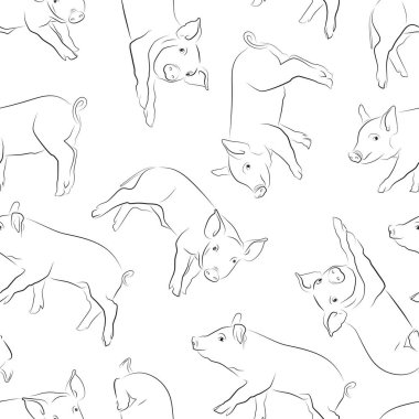 Dikişsiz desen beyaz bir arka plan üzerinde uçan bir domuz çizim doğrusal