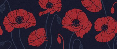 Gelincik çiçekli parlak çiçekli, soyut bir arka plan. Yatay desenli pankart, kapak, duvar kağıdı veya arkaplan