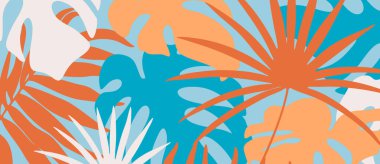 Parlak yatay tropikal pankart. Egzotik bitkiler ve yapraklar yaz dönemi soyut arkaplanı