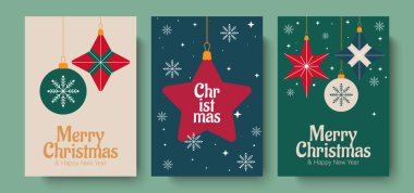 Mutlu Noeller ve mutlu yıllar tebrik kartı seti. Yılbaşı baloları ve kar taneleriyle yeni yıl tasarımı.