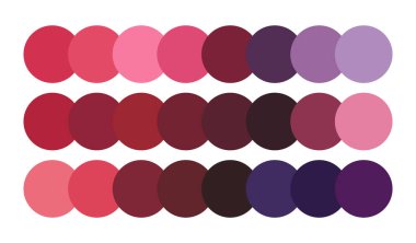 Burgonya ve çilek rengi paleti beyaz arka planda izole edilmiş. Tasarım için kırmızı, bordo ve mor renk paleti.