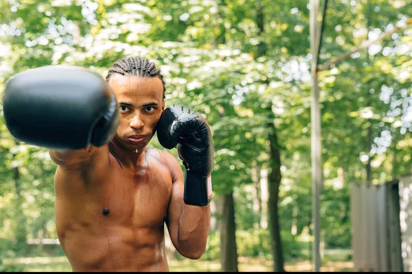 Young kickboxer with guard mouth and gloves practicing punches outdoors