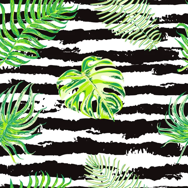 검은 색과 흰색 줄무늬 배경에 열대 잎이있는 원활한 패턴. — 스톡 벡터
