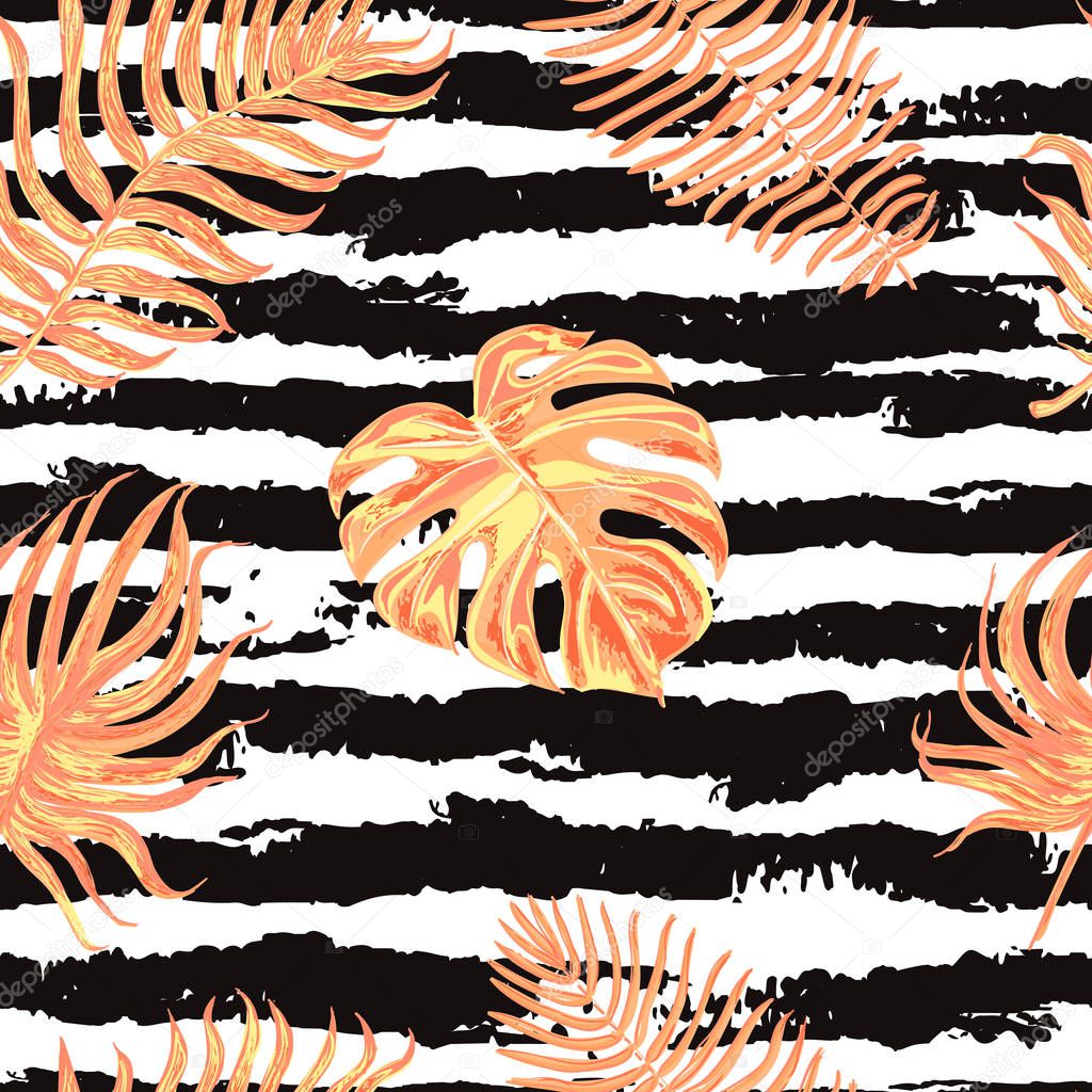 Seamless pattern with tropical leaves on black and white striped background.