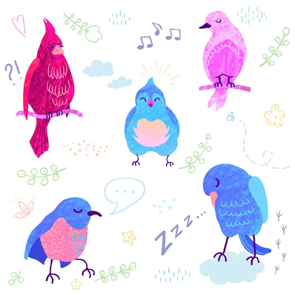 Ensemble de mignons petits oiseaux colorés isolés sur fond blanc — Image vectorielle