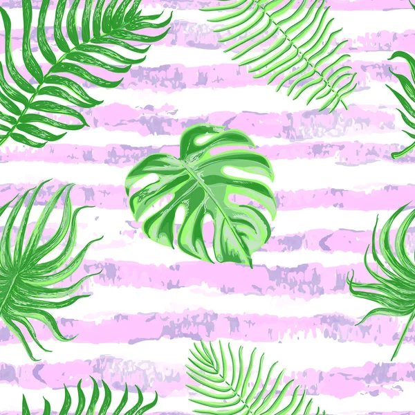 Seamless pattern with tropical leaves on pink striped background. — Stock Vector