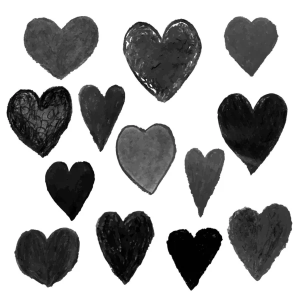Set met zwarte illustraties van hartvorm getekend met krijtpastels geïsoleerd op witte achtergrond. — Stockvector