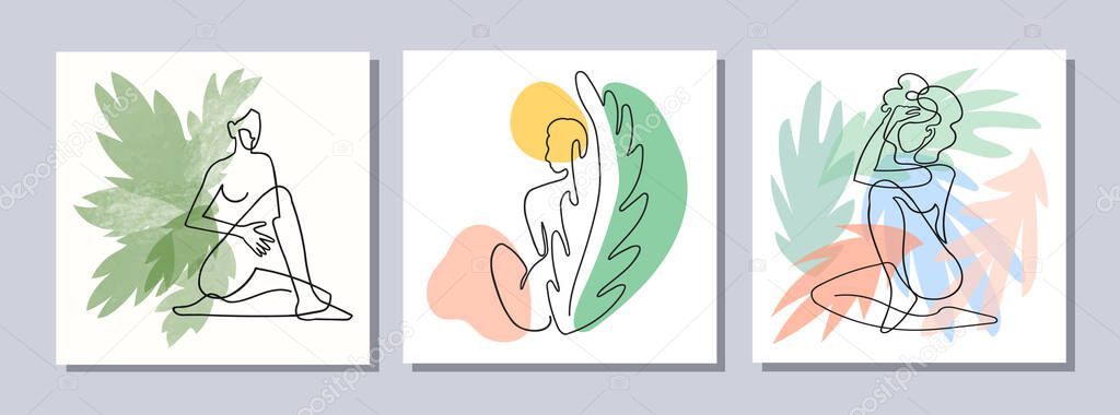 Set with collage modern posters with abstract shapes, exotic leaves and one line illustrations of women body