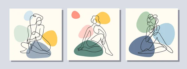 Set s koláží moderní plakát s abstraktními tvary a jeden řádek ilustrace ženské tělo — Stockový vektor