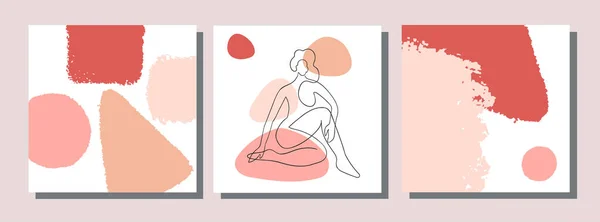 拼贴有抽象形状的现代海报和妇女身体的线条图解 — 图库矢量图片
