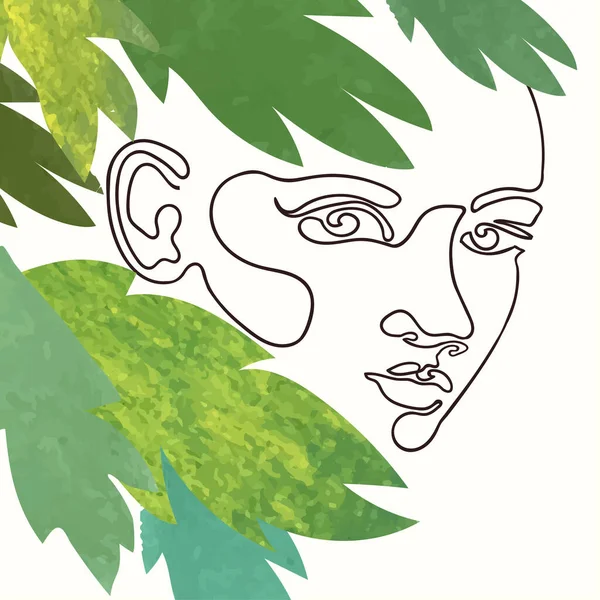 Gambaran luar dari wajah wanita dengan daun eksotis - Stok Vektor