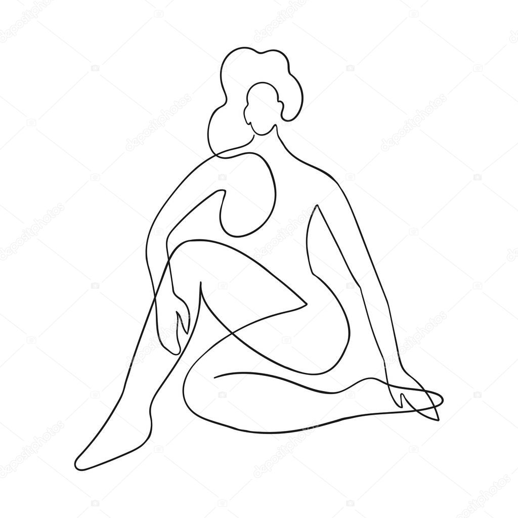Vector outline black and white illustration of woman body. One line drawing isolated on white background. Use it for design card, poster, banner, social Media post, fashion print, beaty salon logo