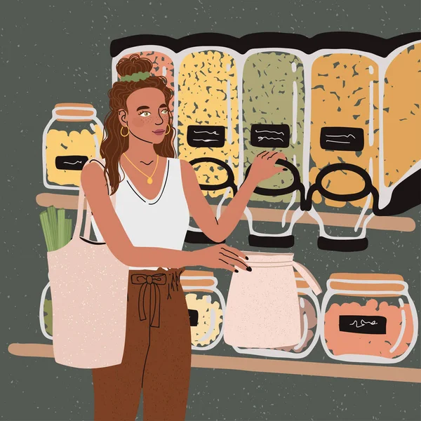 Illustrationen von niedlichen jungen Mädchen mit Öko-Tüte kaufen Lebensmittel in Zero Waste Store — Stockvektor